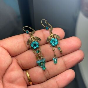 Michal Negrin Signed MN Vintage Brass Flower Dangle Earrings Turquoise Blue